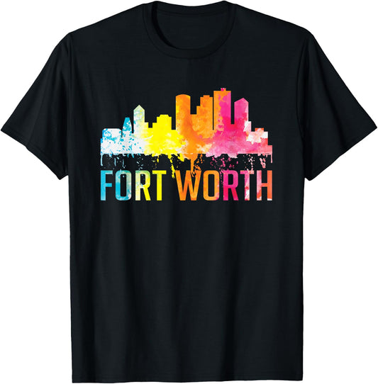Fort Worth Texas Retro Watercolor Skyline Art Souvenir Gift T-Shirt - T-Shirt | Black