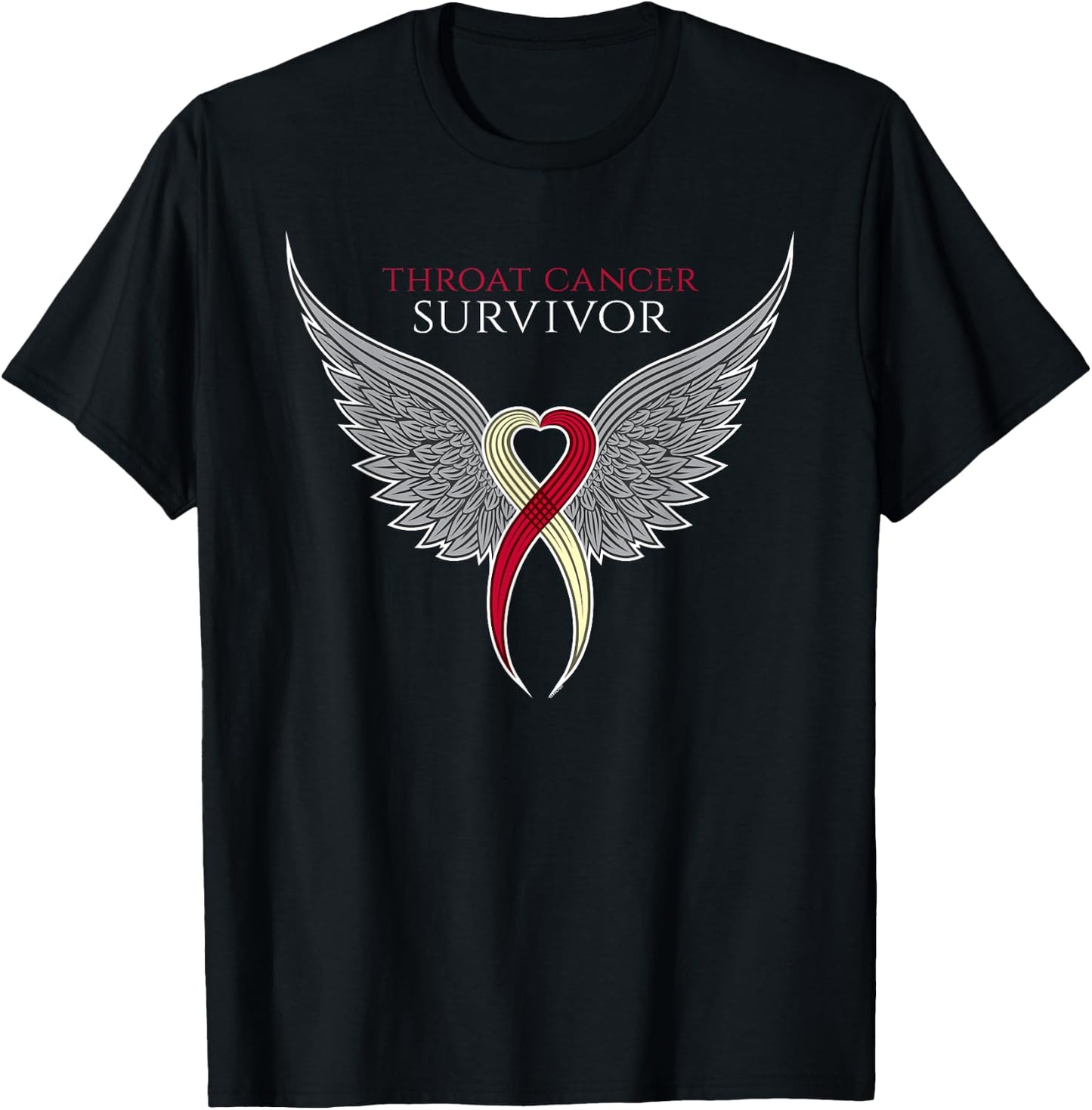 Throat Cancer Awareness by Jomadado for Adults, , Black, Short Sleeve, Size 8 (US), Classic Fit, Crew Collar, Modern Motivational, Cancer Awareness, Ribbon with Wings T-Shirt - T-Shirt | Black