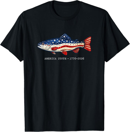 250 America Years 1776 2026 Fishing USA Flag 250th Birthday T-Shirt - T-Shirt | Black