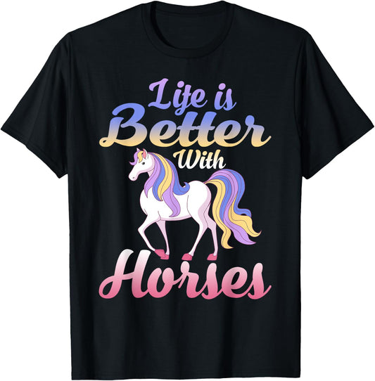 Cute Life Is Better With Horses Horseback Riding T-Shirt - T-Shirt | Black