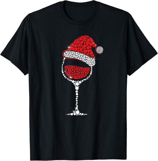Christmas Pajama Glass of Wine Costume Santa Hat Xmas gift T-Shirt - T-Shirt | Black