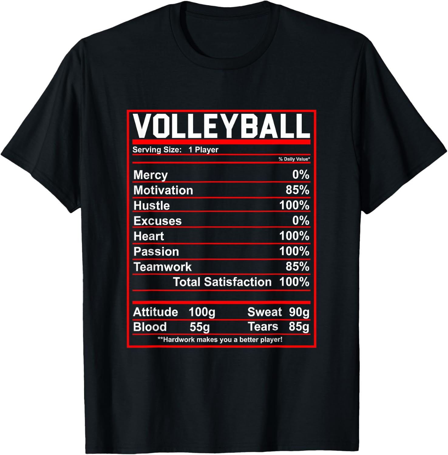 Funny Volleyball Nutrition Facts Women Men T-Shirt - T-Shirt | Black