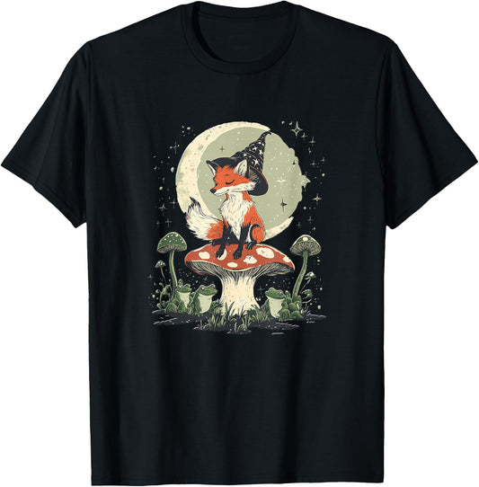 Cute Cat With Frog On Mushroom - Cottage Core T-Shirt - T-Shirt | Black