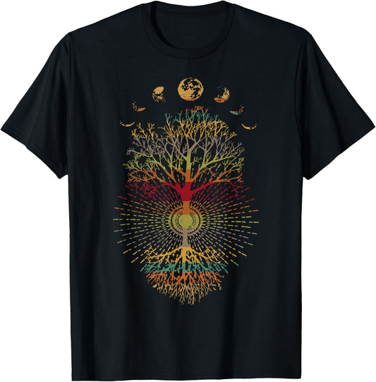 Phases of the Moon Retro 60's 70's Vibe Tree of Life T-Shirt - T-Shirt | Black