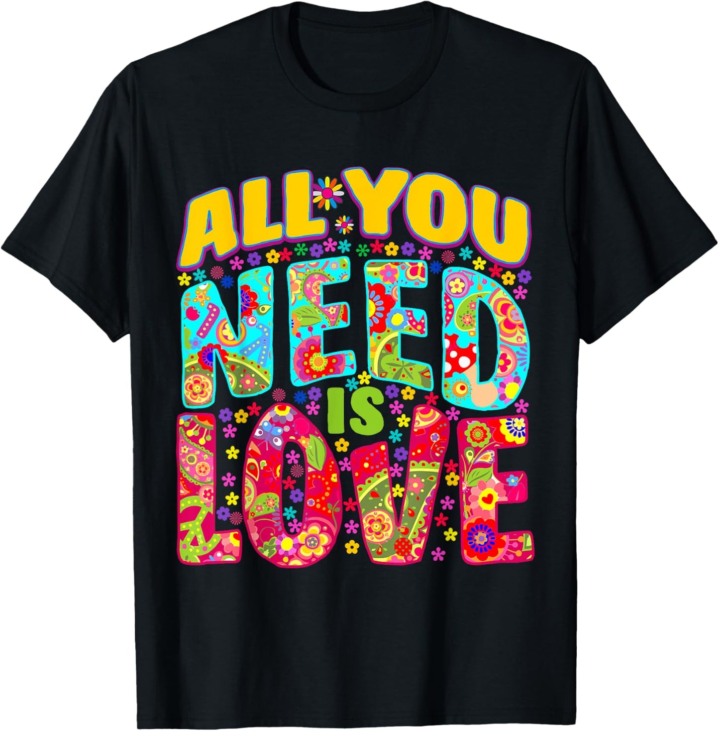 Hippie Flower Power Peace & Love Retro 60s 70s T-Shirt - T-Shirt | Black