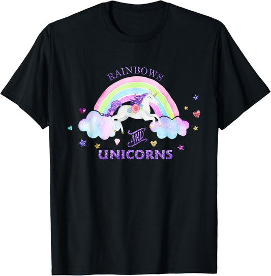 Rainbows and Unicorns - Magical Cute Glitter Gift T-Shirt - T-Shirt | Black