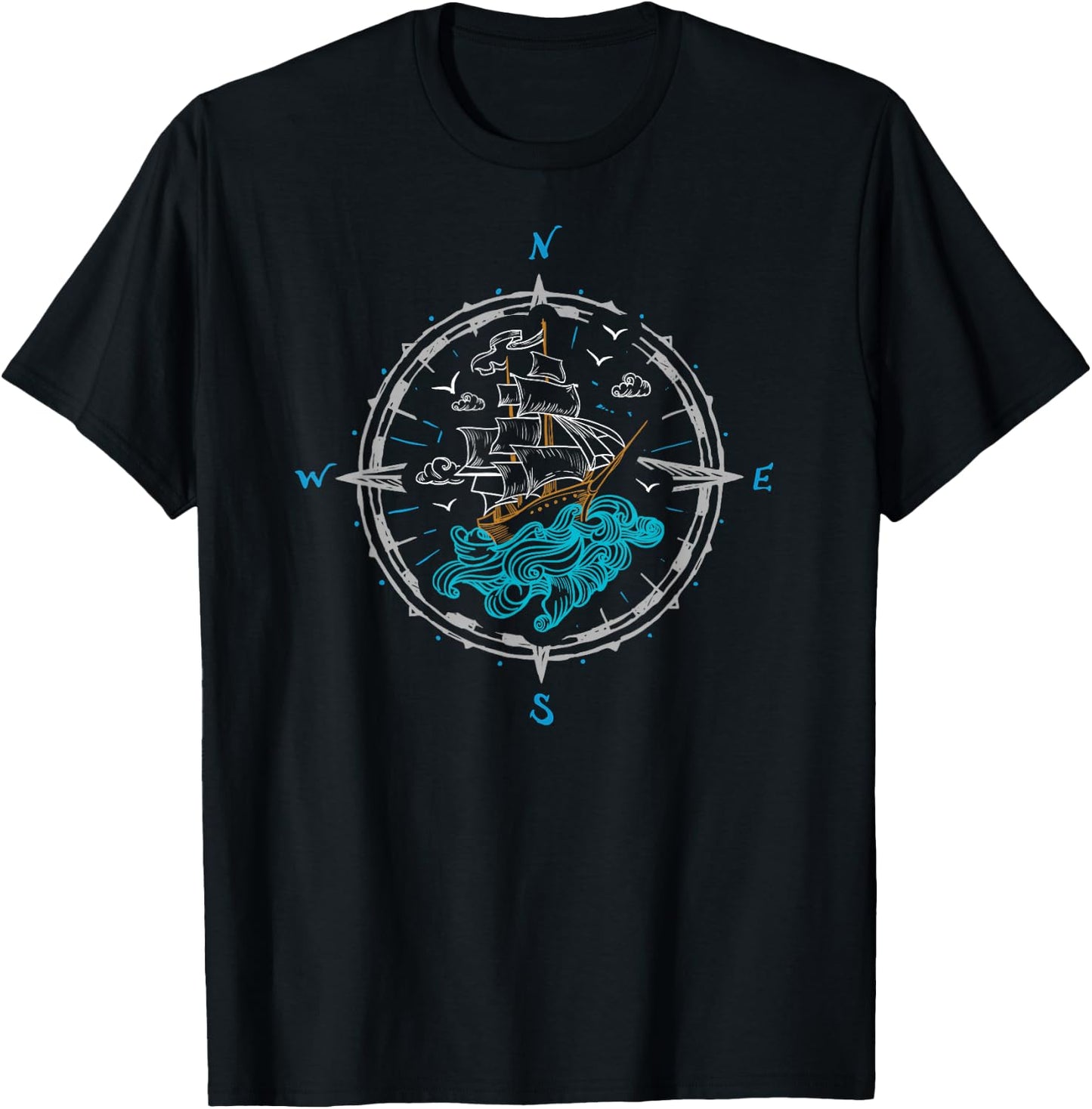 Sailing Boat Ship Compass Rose Nautical T-Shirt - T-Shirt | Black