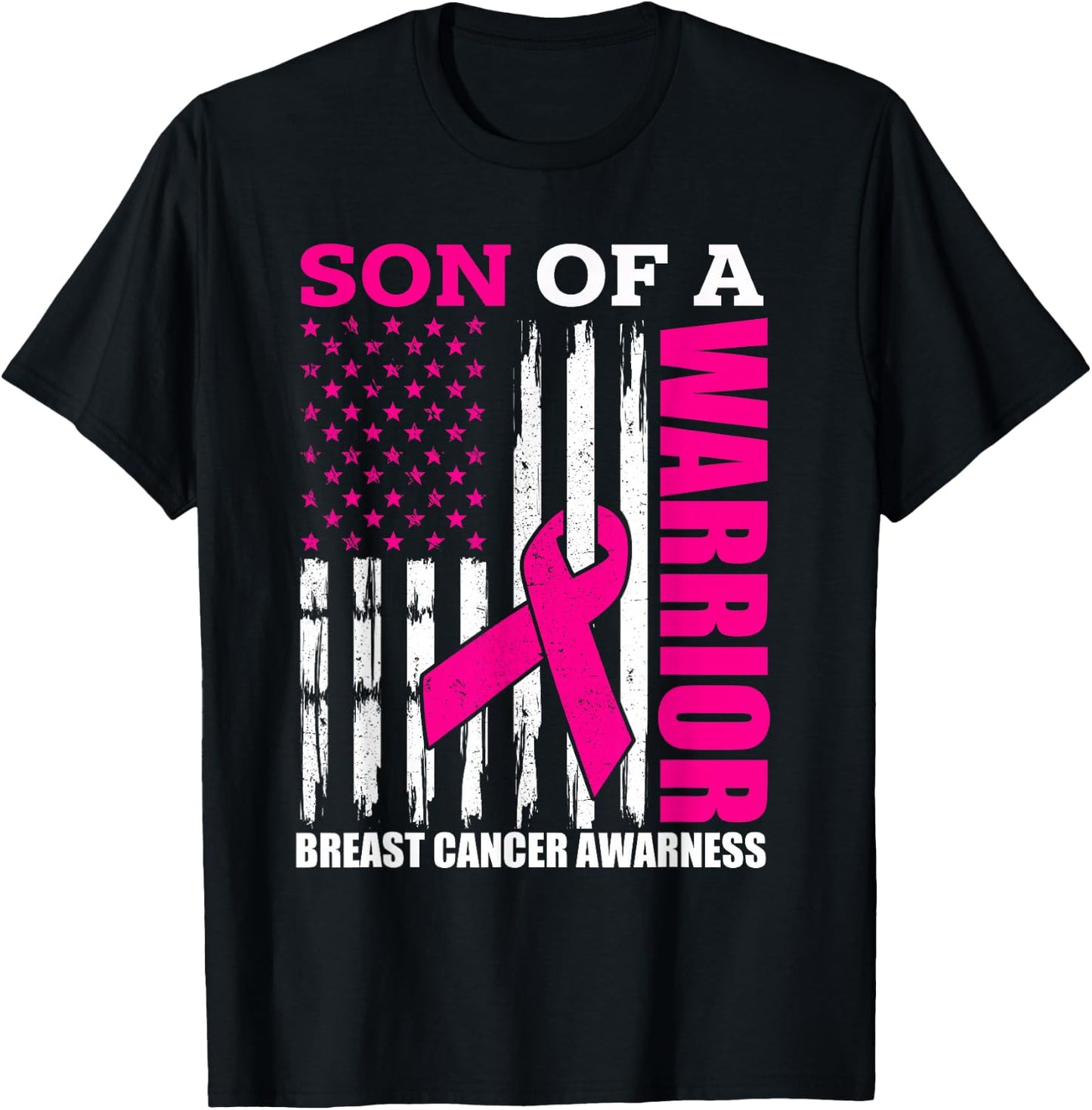 Son Of A Warrior Breast Cancer Awareness USA Flag Pink T-Shirt - T-Shirt | Black