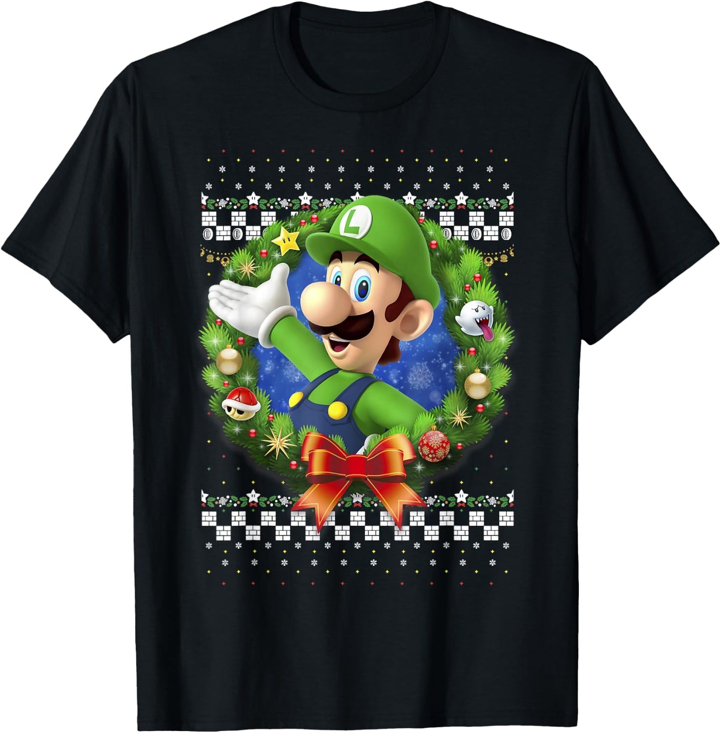 Super Mario 3D Luigi Christmas Wreath Graphic T-Shirt - T-Shirt | Black