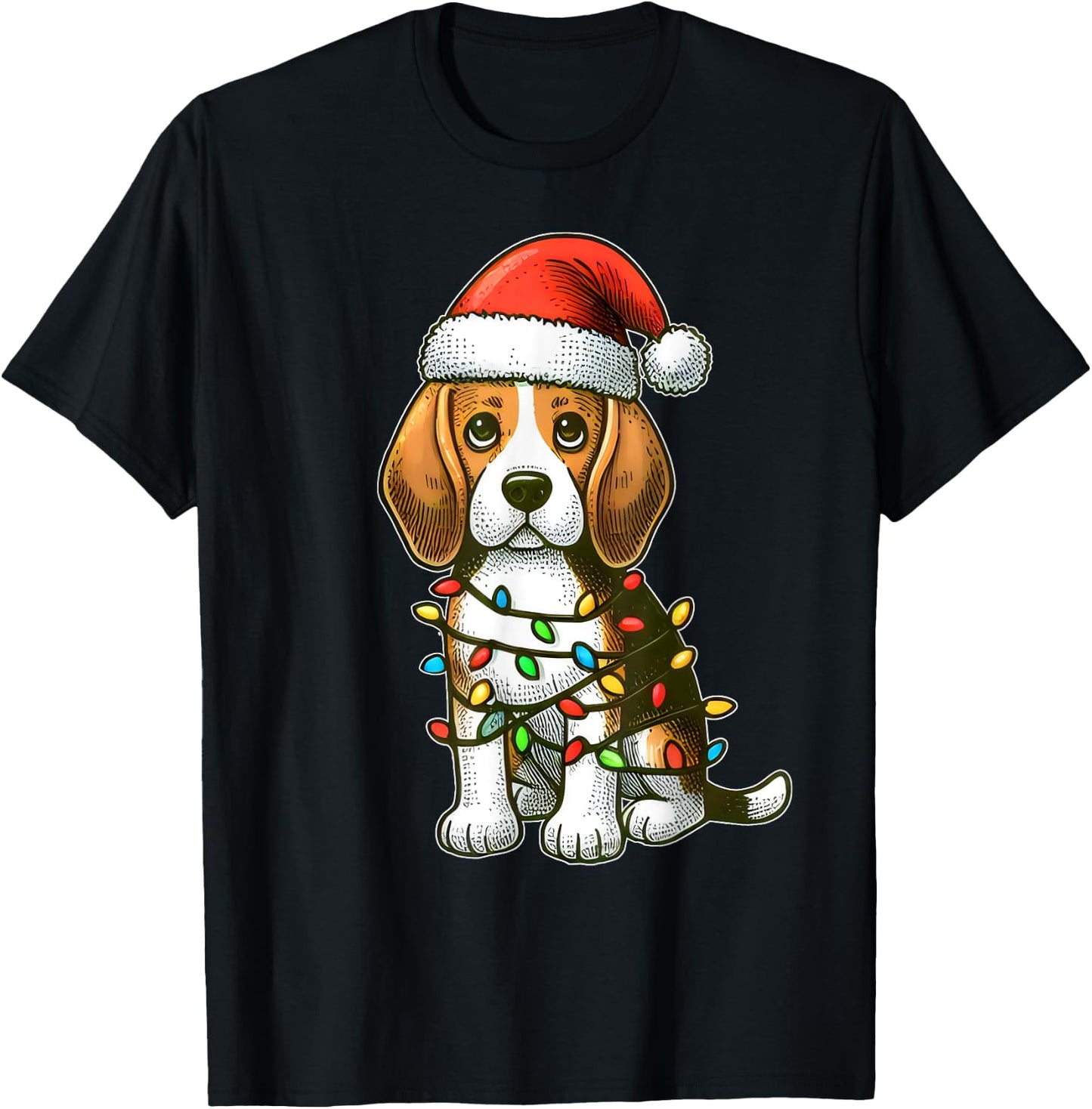 Merry Christmas Beagle Santa Christmas Lights Dog Xmas Tree T-Shirt - T-Shirt | Black