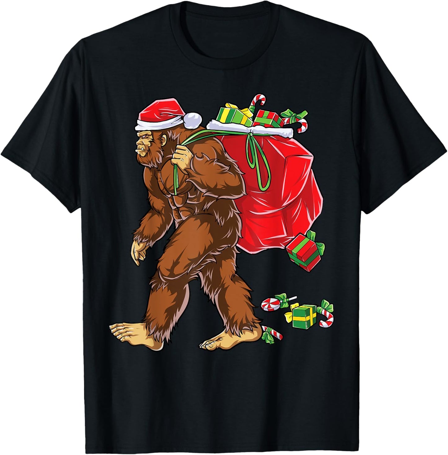Bigfoot Santa Carrying Christmas Bag Xmas Hat Sasquatch Men T-Shirt - T-Shirt | Black