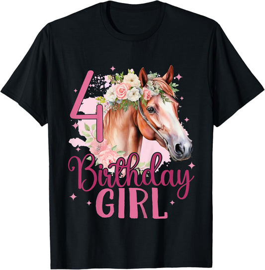 Kids 4th Birthday Horse Girl Fourth birthday girl 4 years old T-Shirt - T-Shirt | Black
