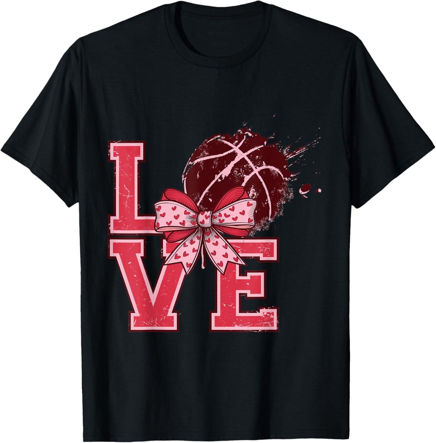 Valentine's Day Love Basketball Cute Bows Pink Gifts Ideas T-Shirt - T-Shirt | Black