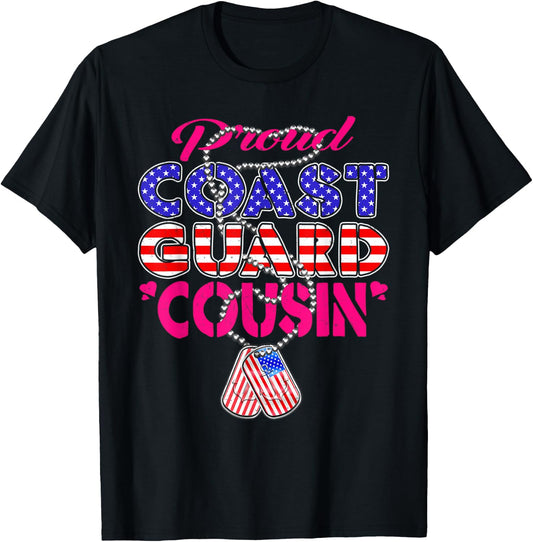 Proud US Coast Guard Cousin US Flag Dog Tag Military Family Women Kids T-Shirt - T-Shirt | Black