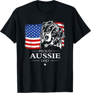 Proud Aussie Shepherd Dad American Flag patriotic dog gift T-Shirt - T-Shirt | Black