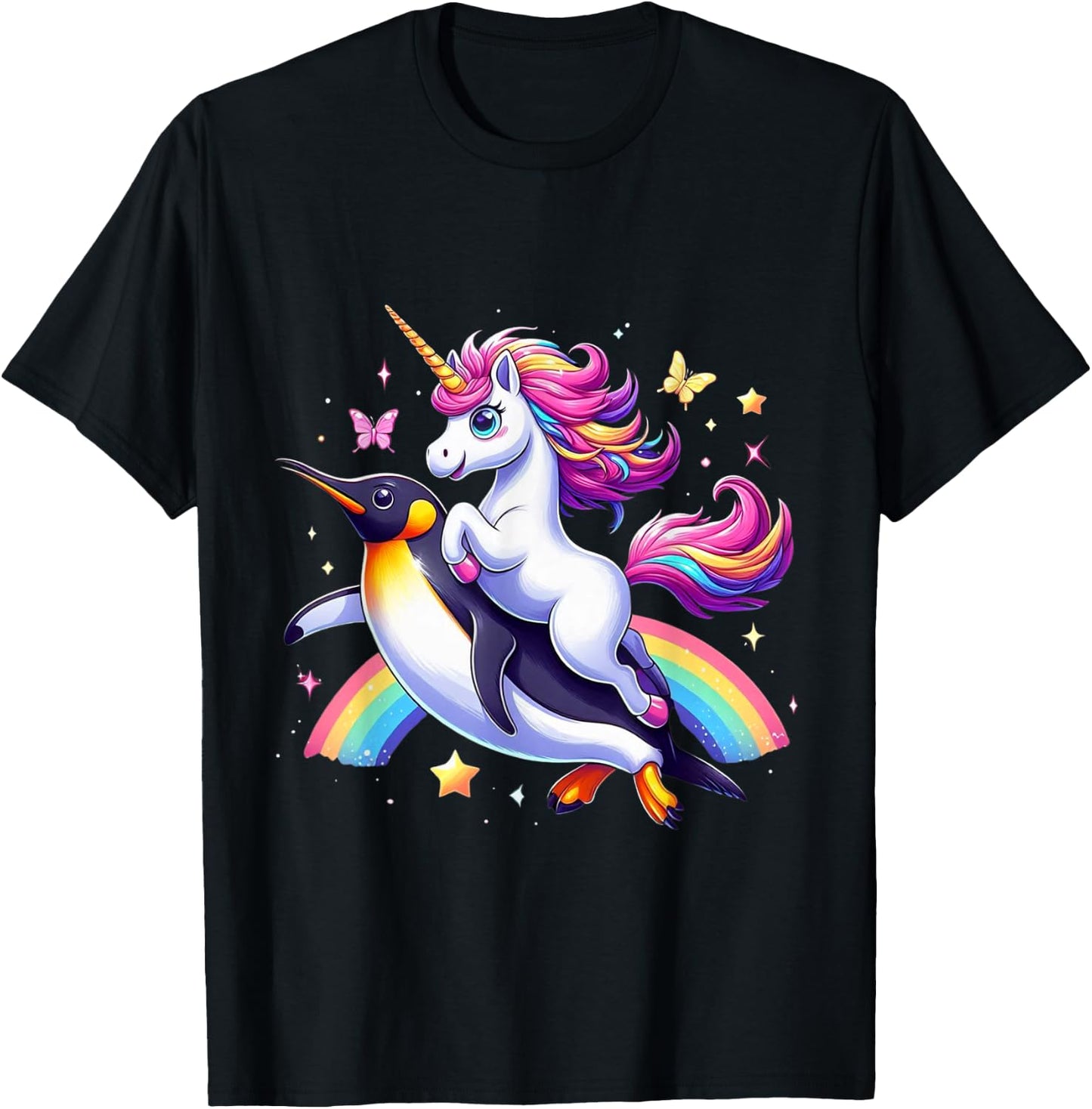 Unicorn Riding Penguin Boys Girls Men Women Kids Rainbow T-Shirt - T-Shirt | Black