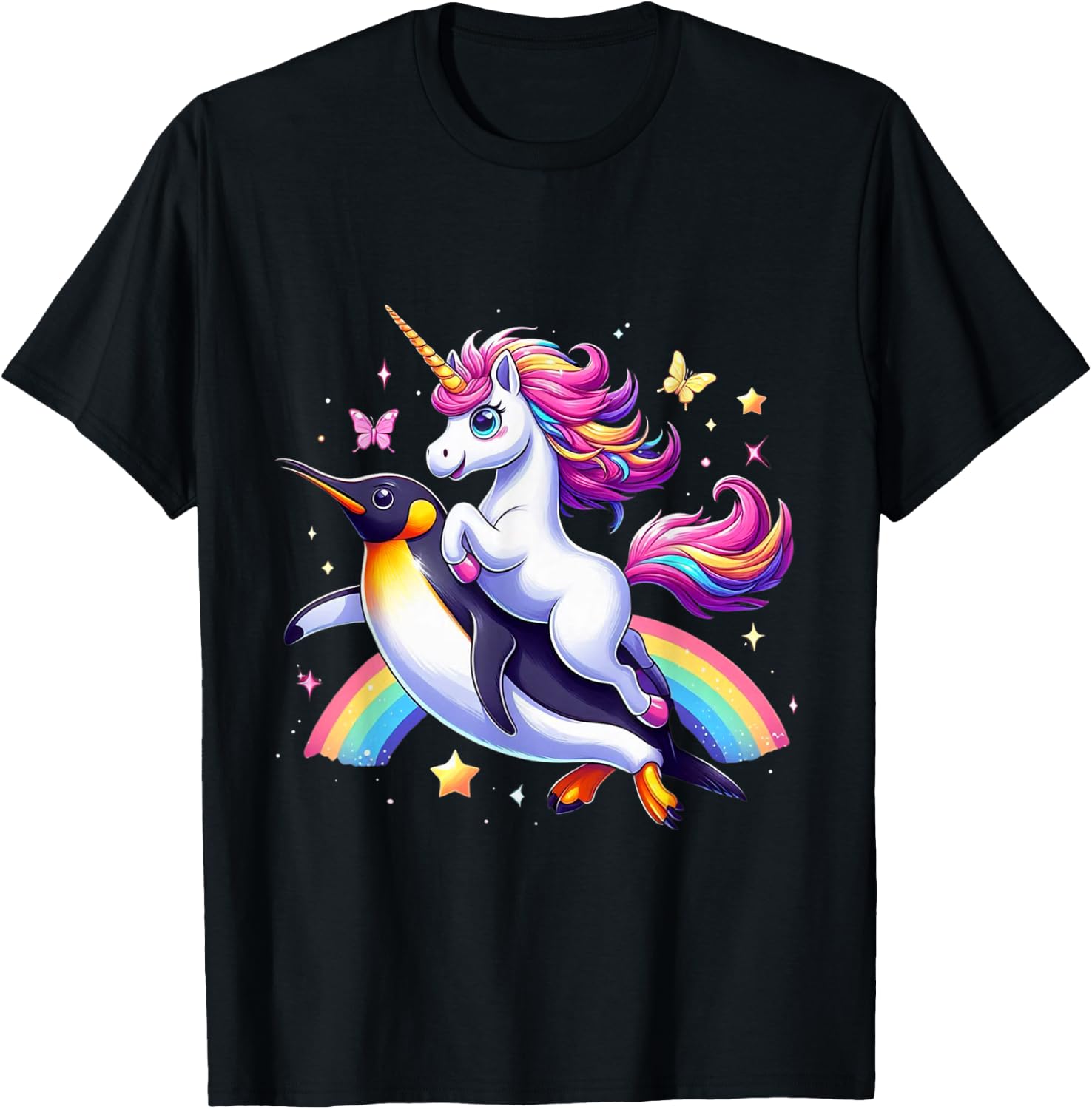 Unicorn Riding Penguin Boys Girls Men Women Kids Rainbow T-Shirt - T-Shirt | Black