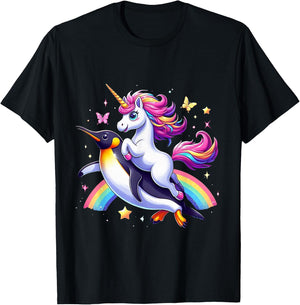Unicorn Riding Penguin Boys Girls Men Women Kids Rainbow T-Shirt - T-Shirt | Black