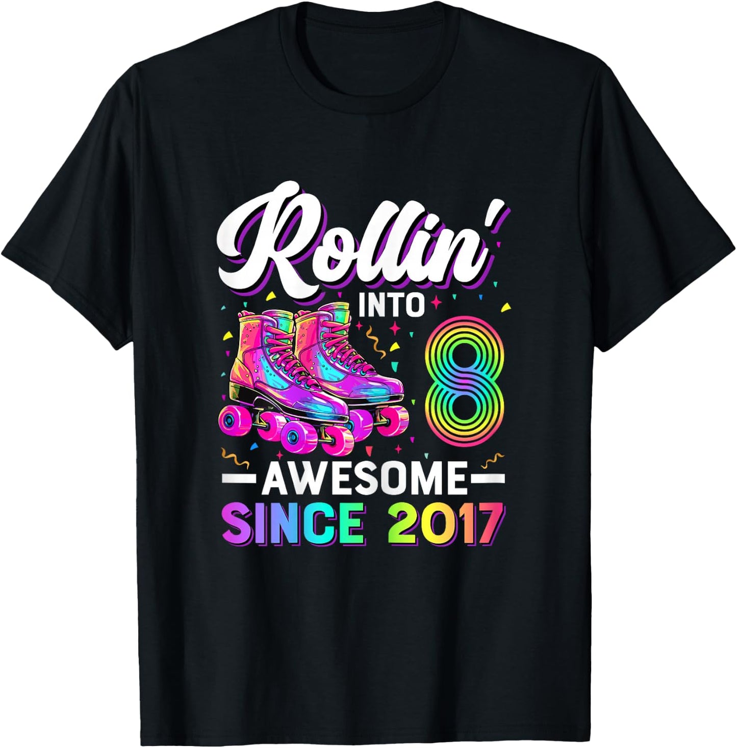 8th Birthday Shirt Girl 8 Year Old Roller Skate Skating T-Shirt - T-Shirt | Black