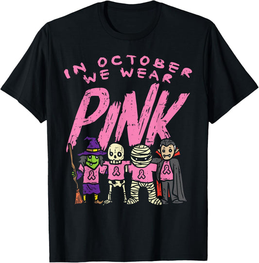 October We Wear Pink Witch Skeleton Halloween Breast Cancer T-Shirt - T-Shirt | Black