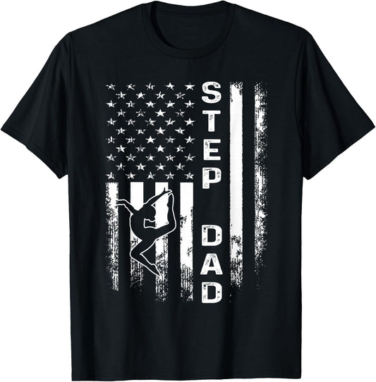 Gymnastics Gymnast Step Dad America Flag Vintage Christmas T-Shirt - T-Shirt | Black