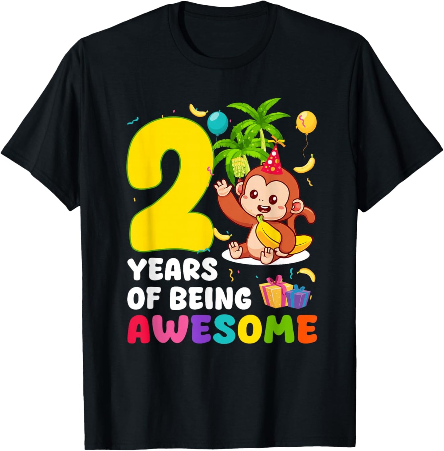 2nd Birthday Monkey Themed Party 2 Years of Being Awesome T-Shirt - T-Shirt | Black