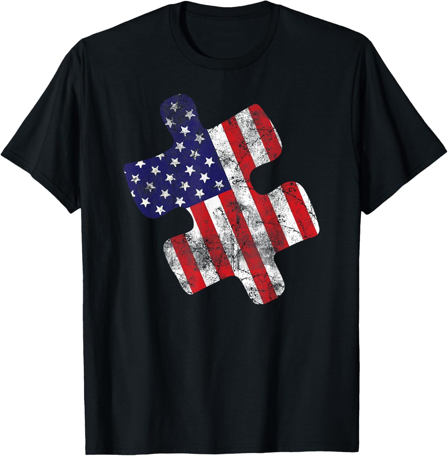 Autism Awareness American Flag Vintage Puzzle Piece Gift T-Shirt - T-Shirt | Black