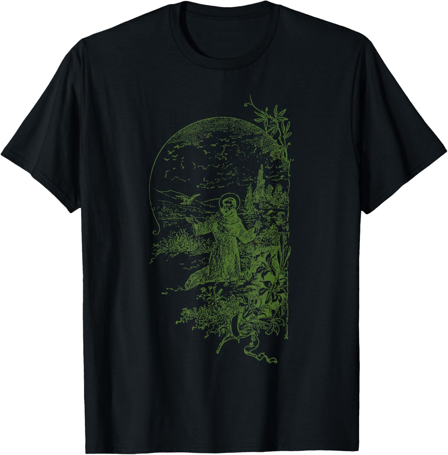 St Francis of Assisi Vintage Saints Catholic Ecology Animals T-Shirt - T-Shirt | Black