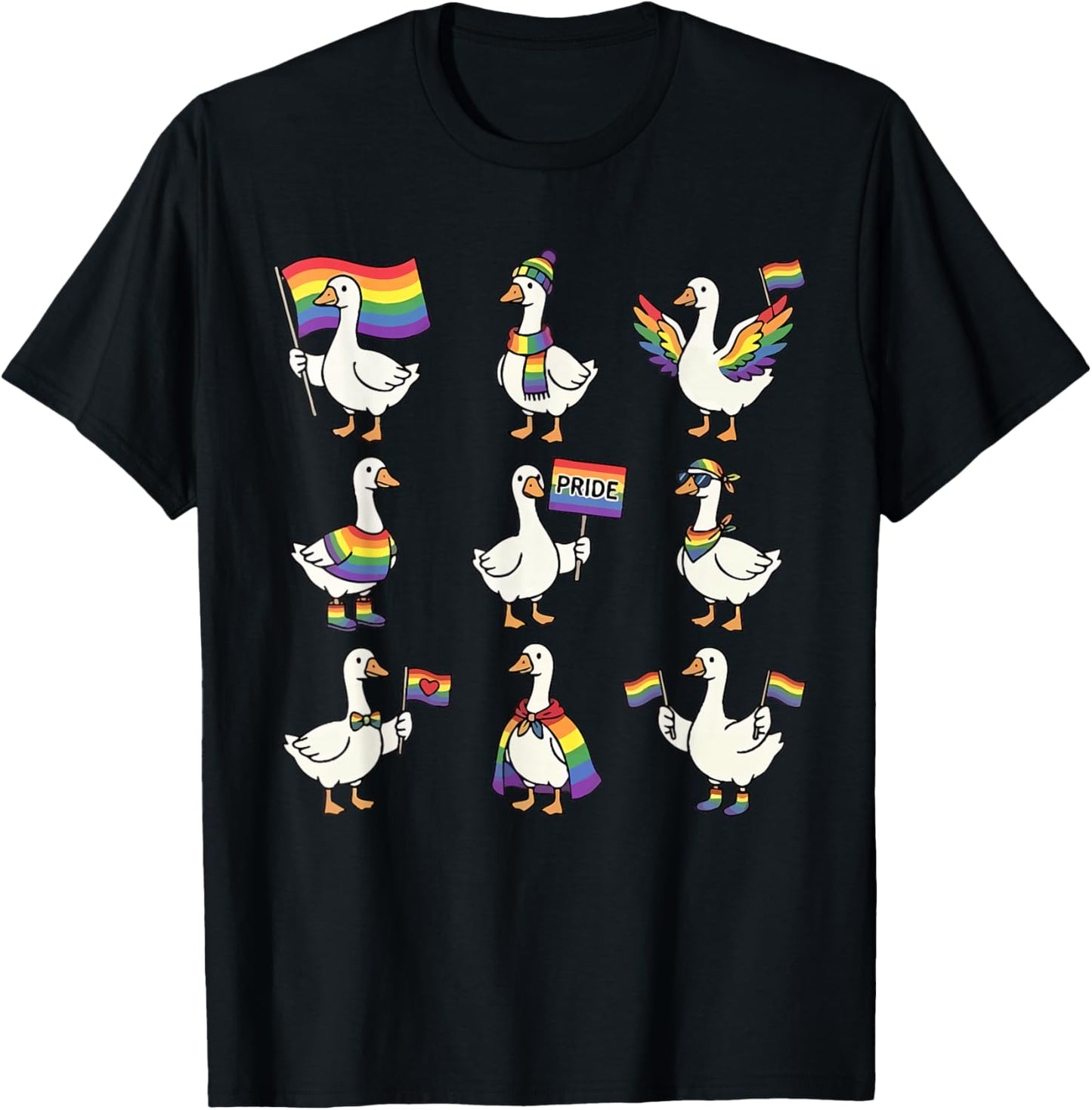 Rainbow Flag LGBTQ Goose Gay Pride Month Duck Equality Ally T-Shirt - T-Shirt | Black