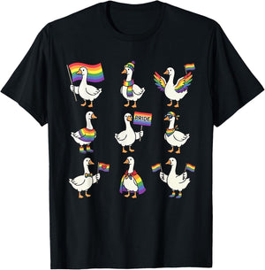 Rainbow Flag LGBTQ Goose Gay Pride Month Duck Equality Ally T-Shirt - T-Shirt | Black