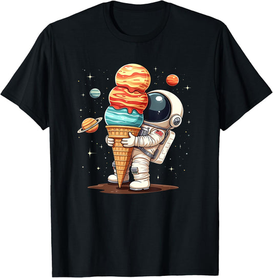 Funny Space Man Holding Ice Cream Plants Spaceman Astronaut T-Shirt - T-Shirt | Black
