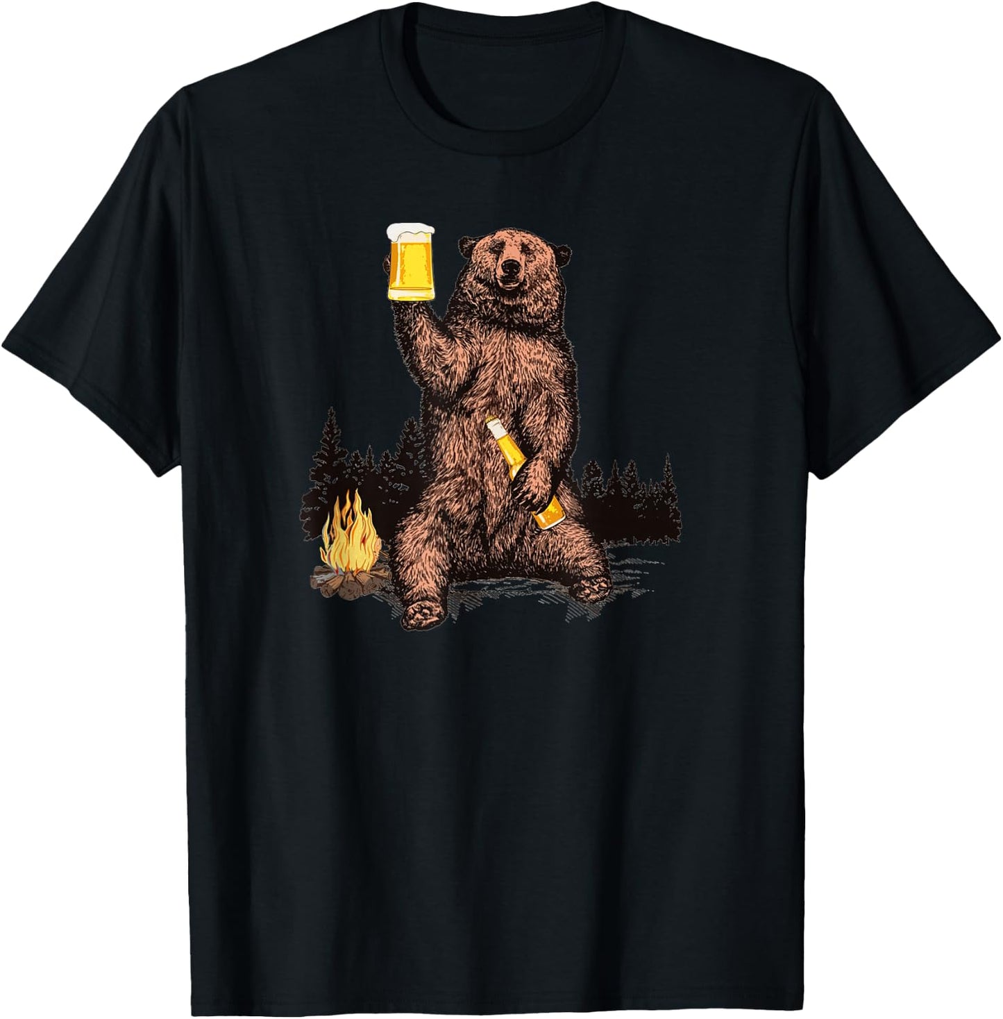 Bear Drinking Beer Camp Fire Woods Outdoor Funny Grizzly T-Shirt - T-Shirt | Black