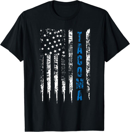 Tacoma Blue Line Police Designs Co. Blue Line Tacoma Distressed National Police Week Adult Black T-Shirt - T-Shirt | Black