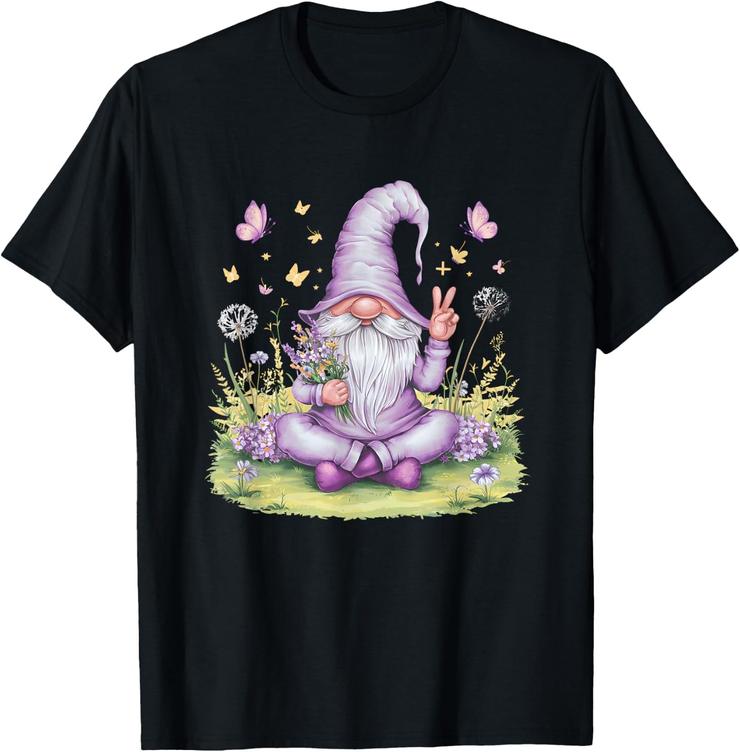 Peaceful Garden Gnome with Flowers And Butterflies T-Shirt - T-Shirt | Black