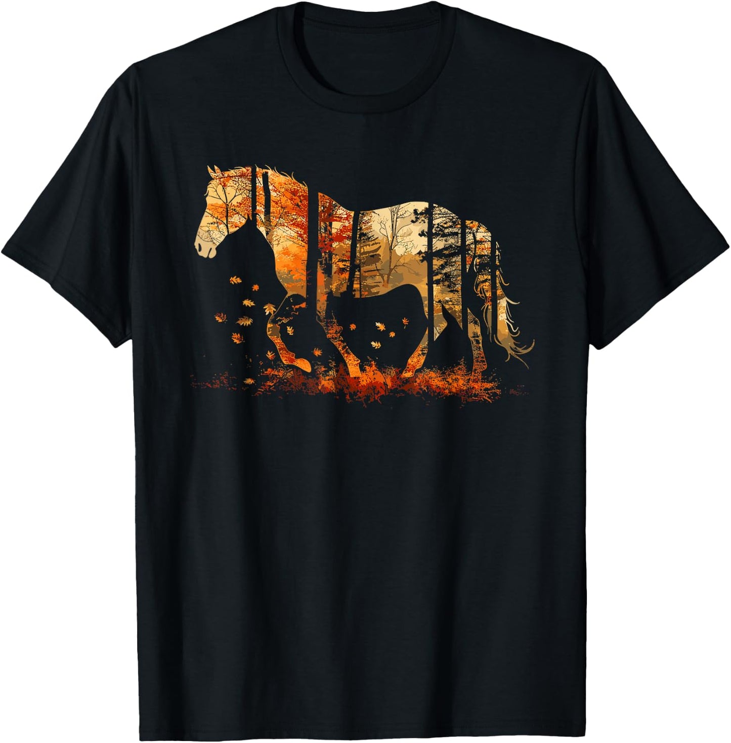 Cute Horse Lover Autumn Leaves Pony Animal Wildlife T-Shirt - T-Shirt | Black