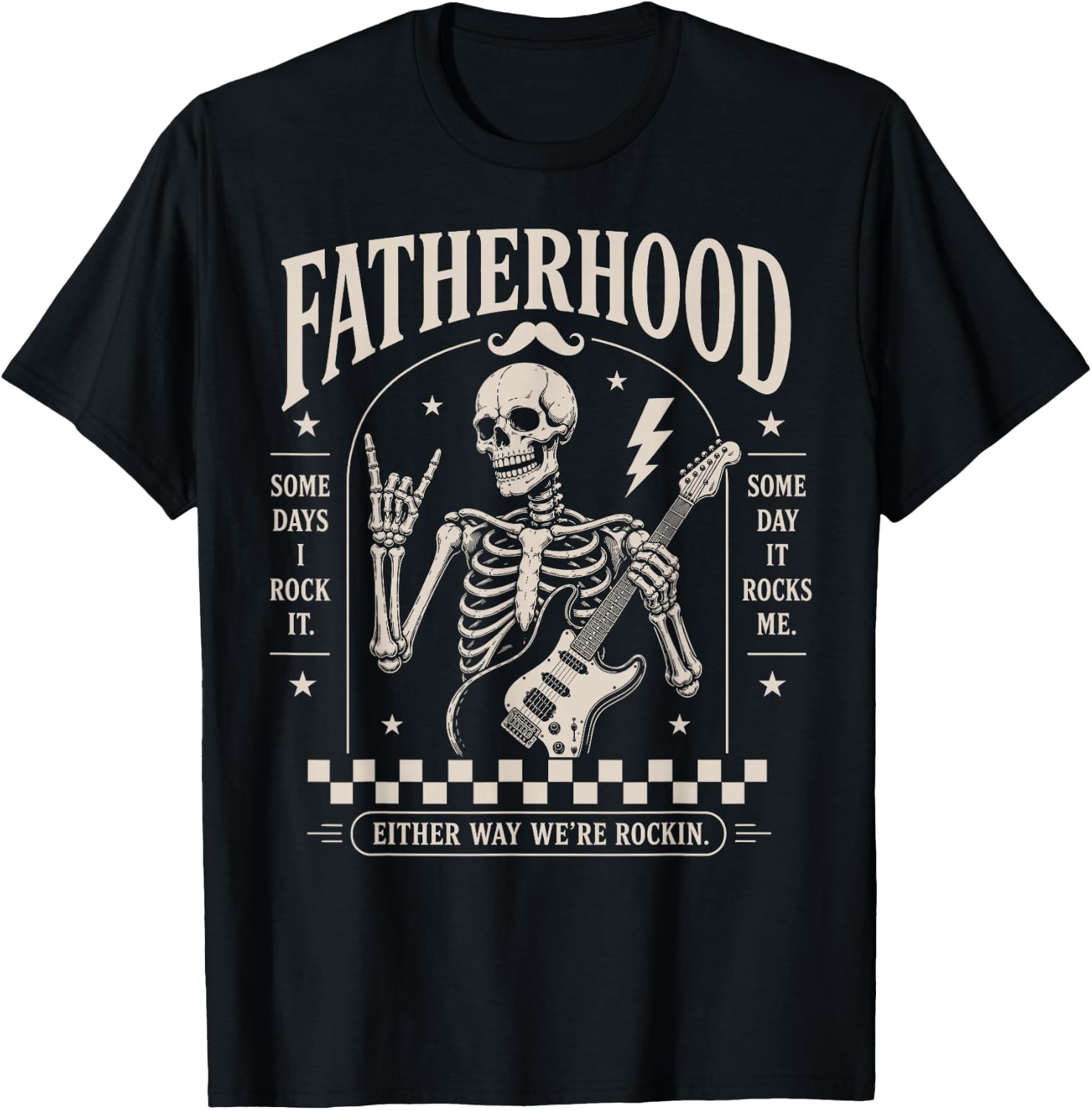 Fatherhood Skeleton Dad Playing Guitar Rock Men Fathers Day T-Shirt - T-Shirt | Black