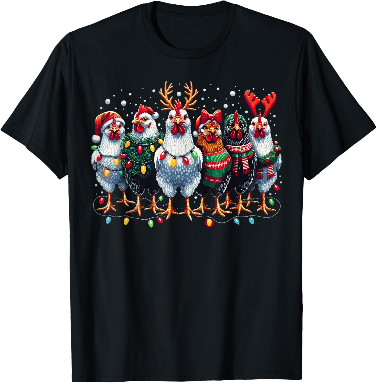 Chicken Christmas Lights Farm Xmas T-Shirt - T-Shirt | Black