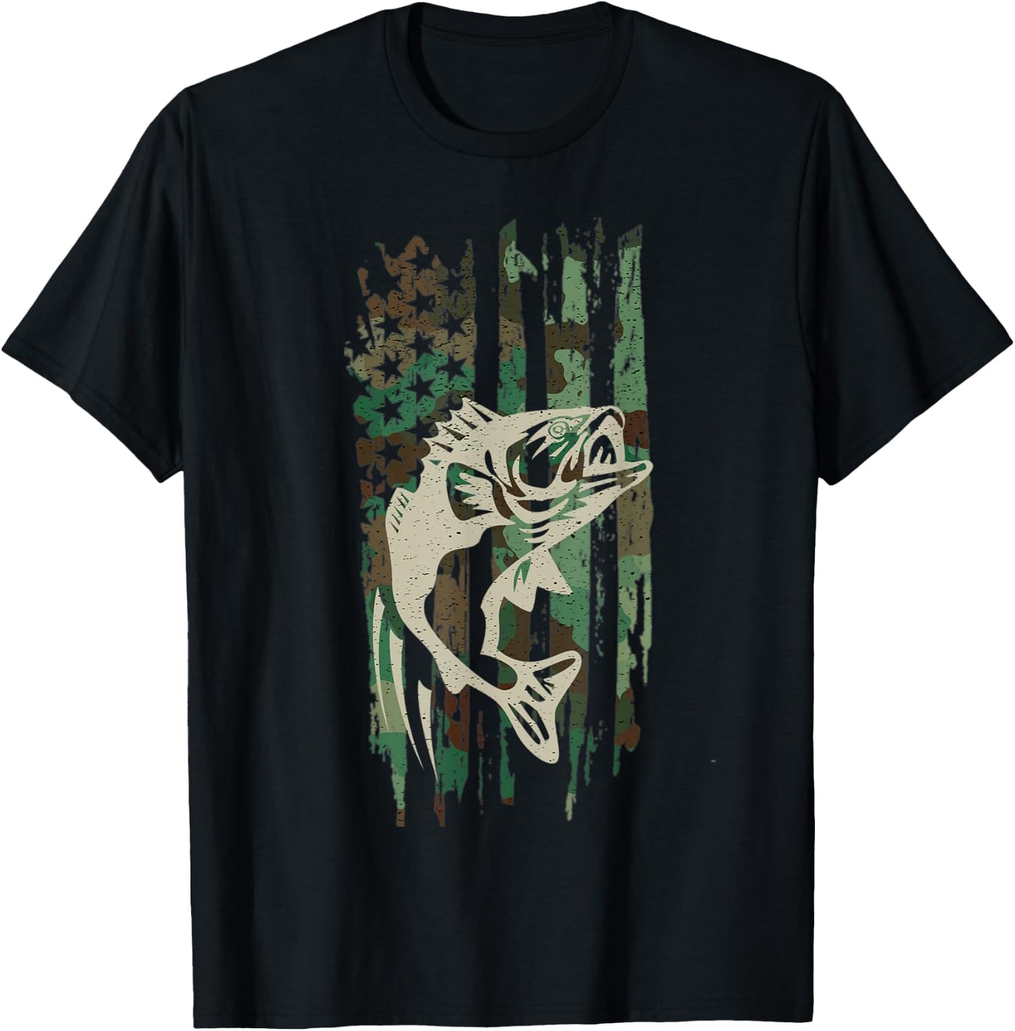 Camouflage American US Flag Bass Fishing Fisherman Men Boys T-Shirt - T-Shirt | Black