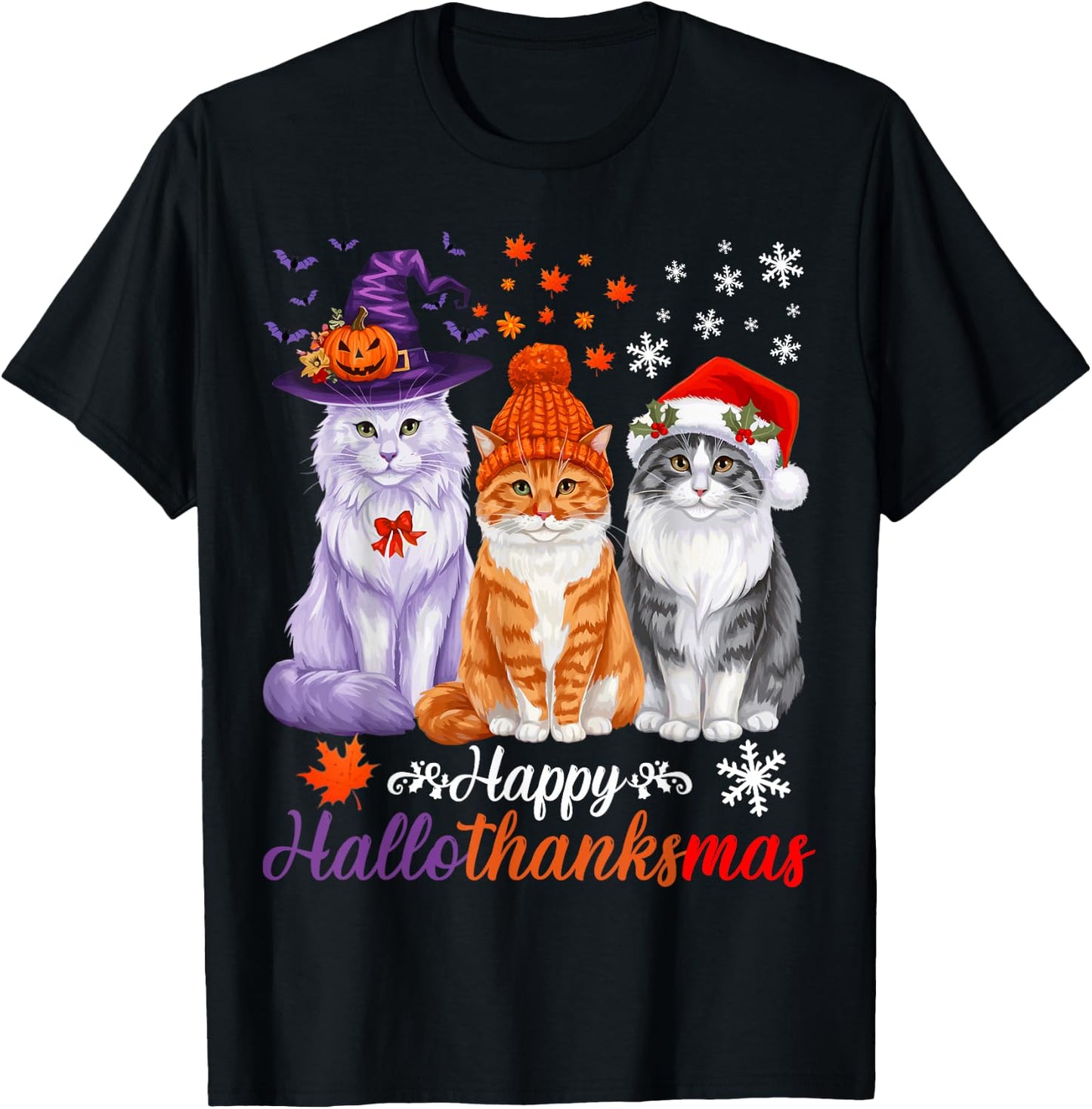 Happy HalloThanksMas Cats Halloween Thanksgiving Christmas T-Shirt - T-Shirt | Black
