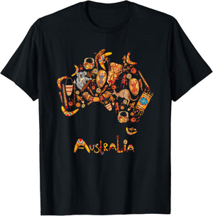 Australia Map Koalas Kangaroos Boomerangs Sydney Opera T-Shirt - T-Shirt | Black