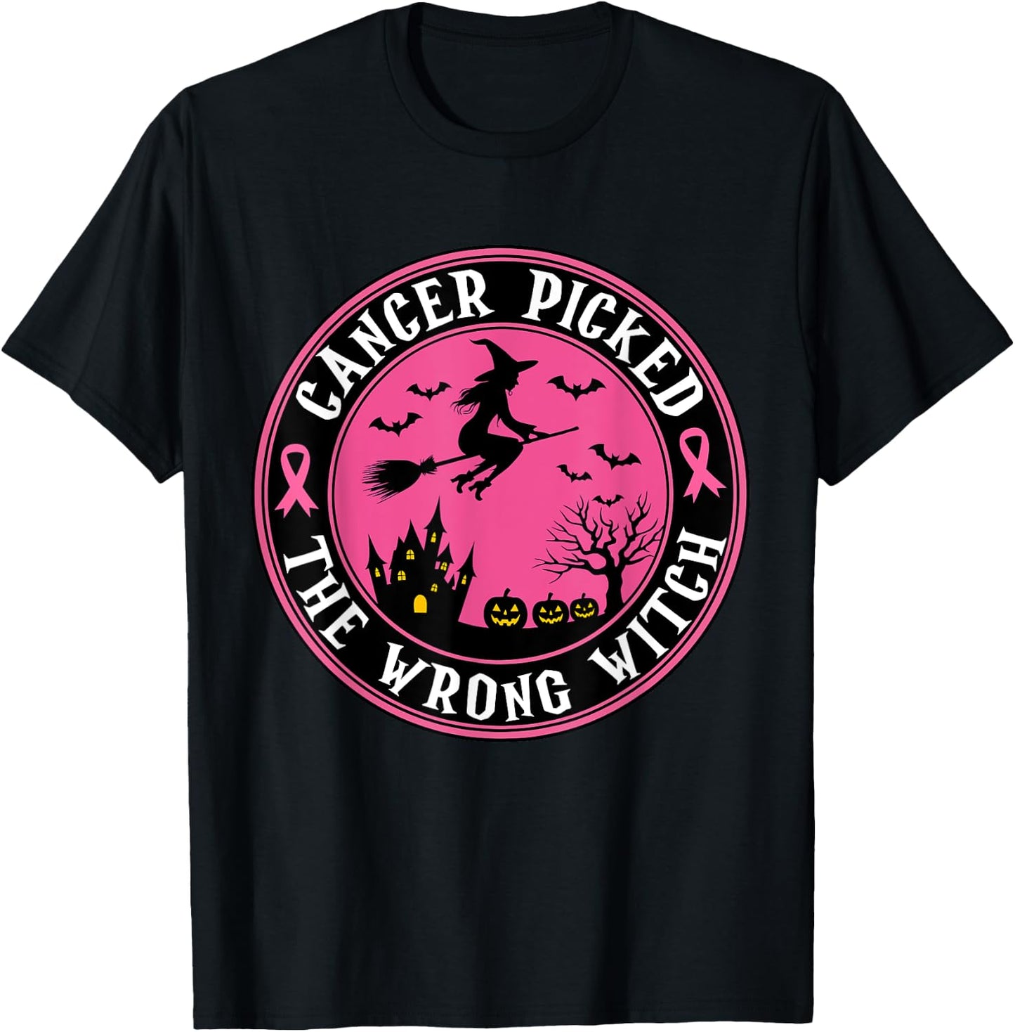Cancer Picked the Wrong Witch Halloween Breast Cancer T-Shirt - T-Shirt | Black