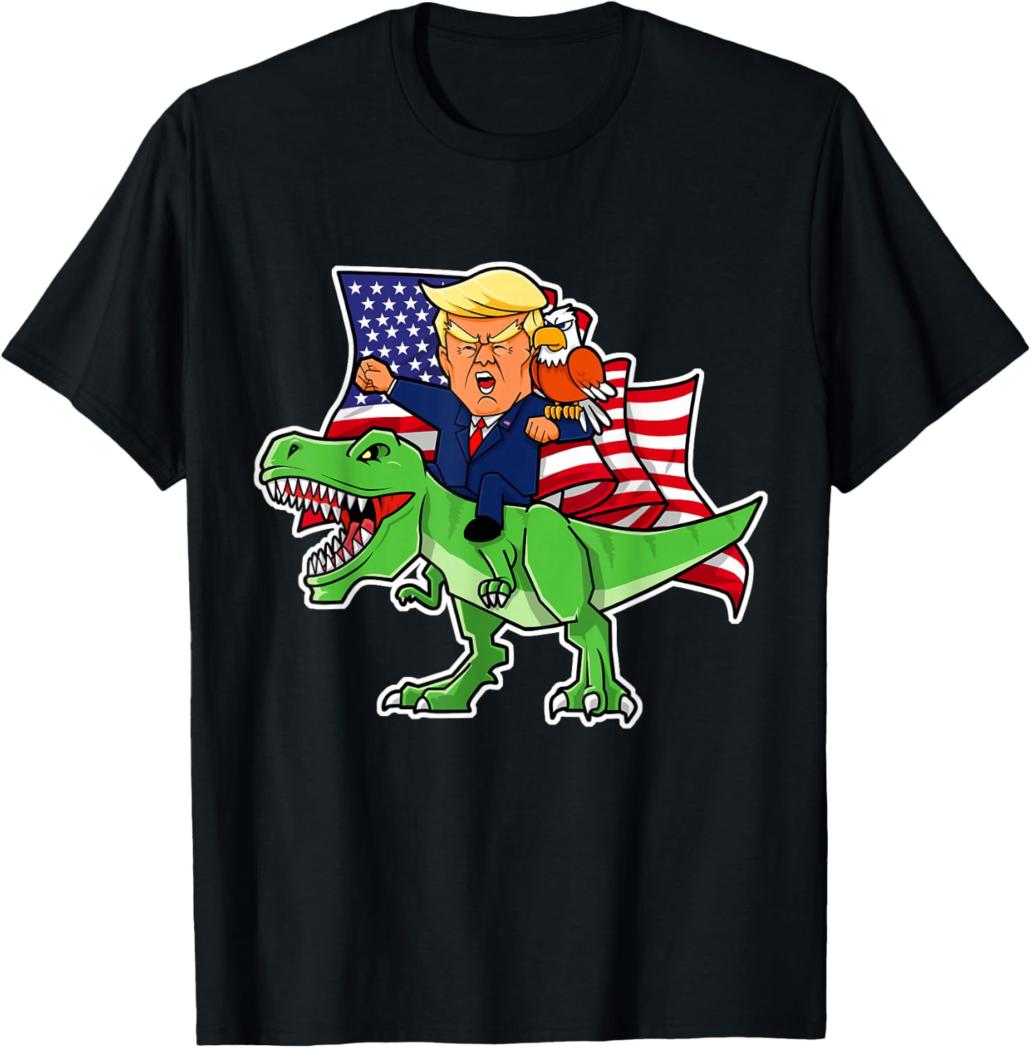 Trump Riding a Dinosaur TRex Funny Merica Patriotic July 4th T-Shirt - T-Shirt | Black
