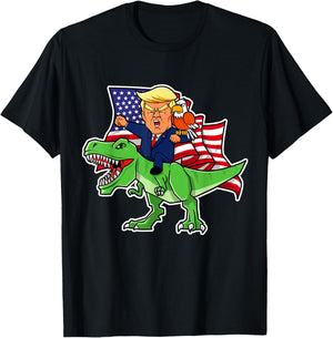 Trump Riding a Dinosaur TRex Funny Merica Patriotic July 4th T-Shirt - T-Shirt | Black