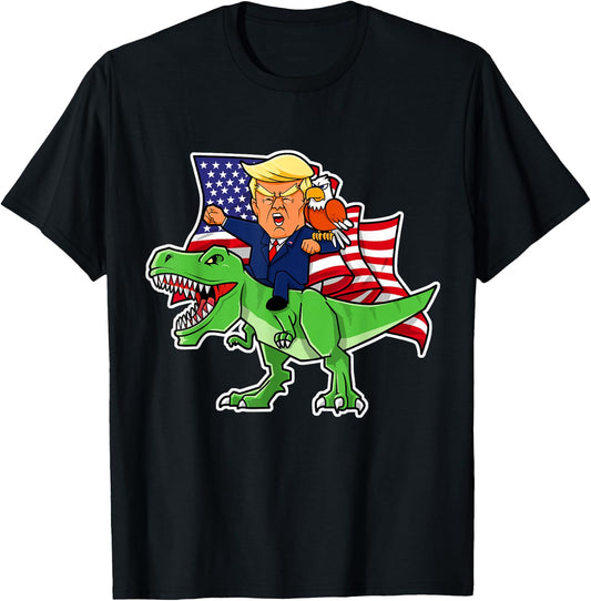Trump Riding a Dinosaur TRex Funny Merica Patriotic July 4th T-Shirt - T-Shirt | Black