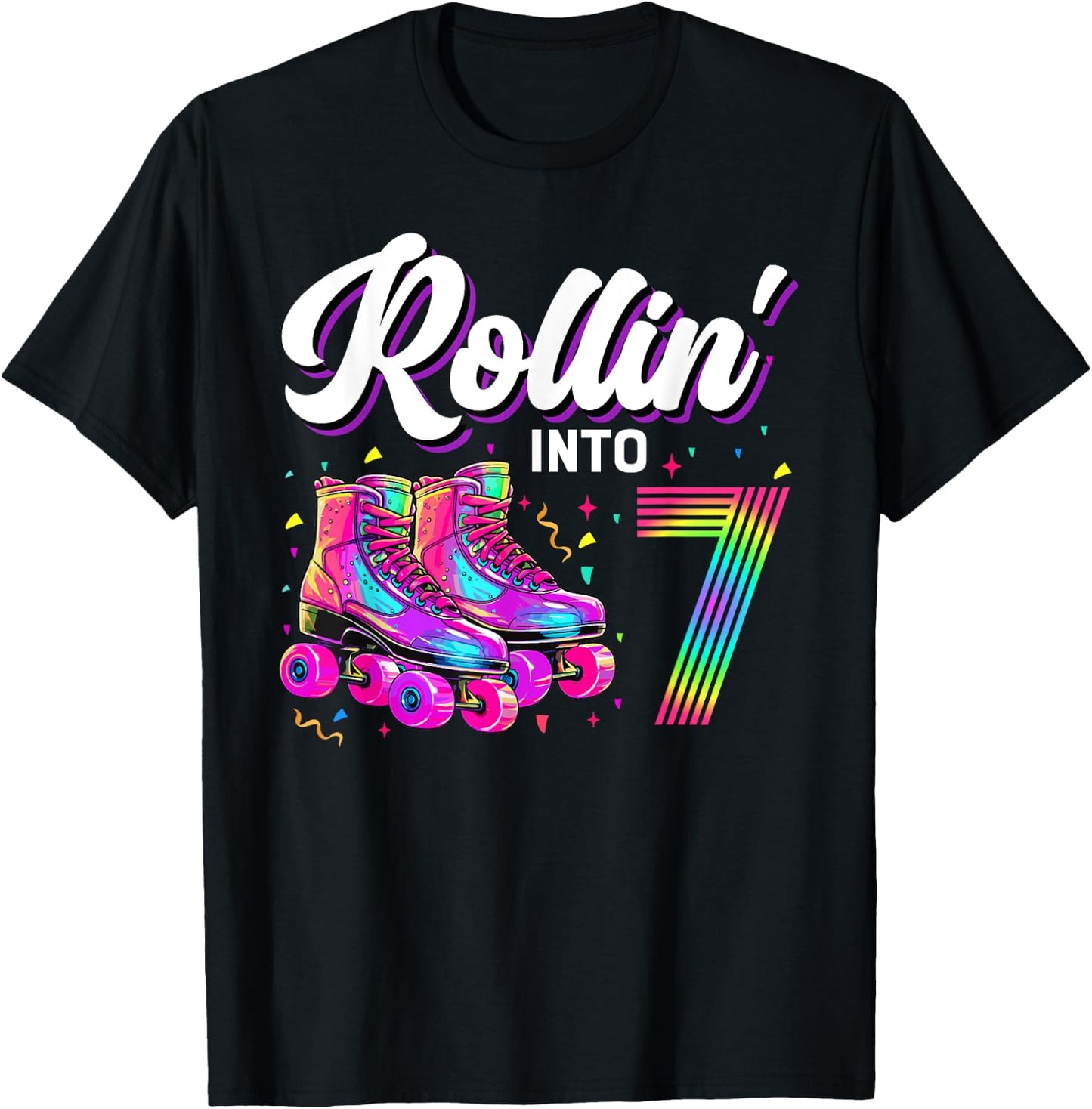 7th Birthday Shirt Girl 7 Year Old Roller Skate Skating T-Shirt - T-Shirt | Black