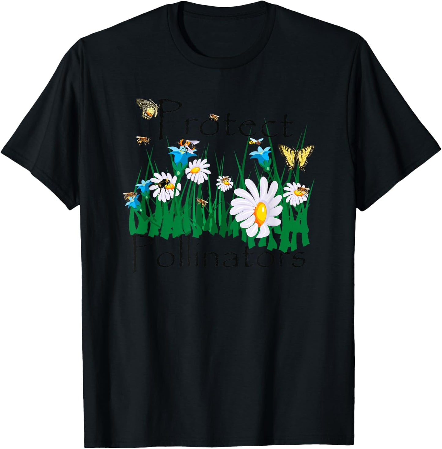 Protect Pollinators Bees Butterflies Flowers Botanical T-Shirt - T-Shirt | Black