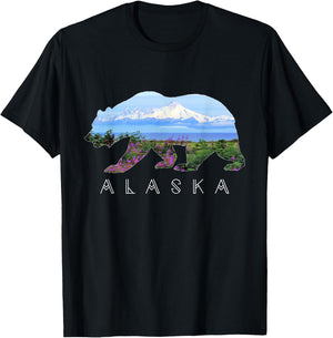 Alaskan Bear with Wildflowers & Mountain Snow T-Shirt - T-Shirt | Black