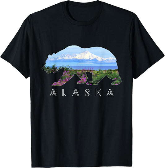 Alaskan Bear with Wildflowers & Mountain Snow T-Shirt - T-Shirt | Black
