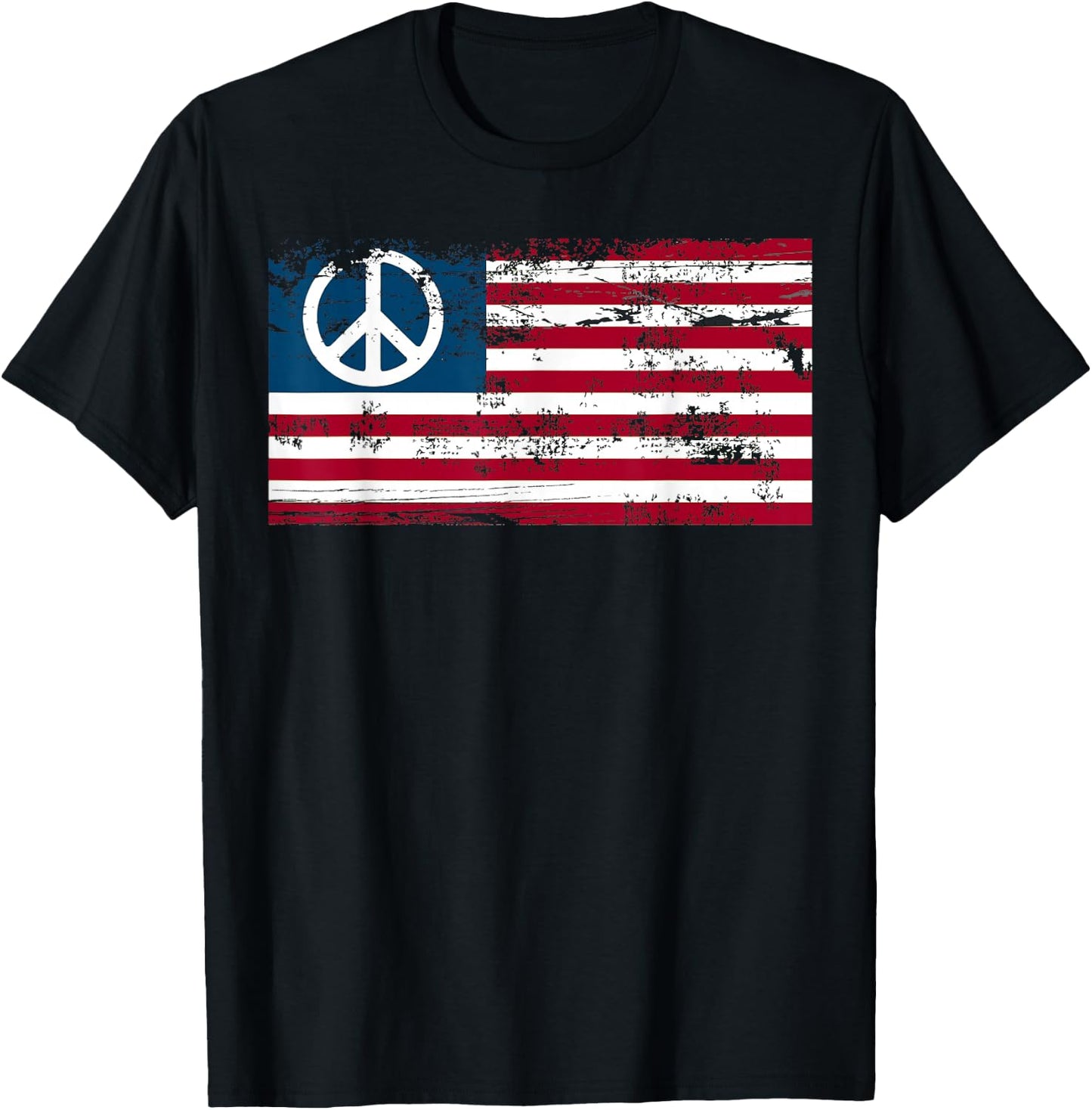 Distressed American USA Flag with Peace Sign T-Shirt - T-Shirt | Black