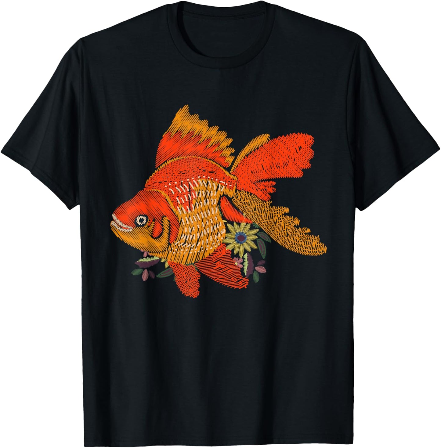 Japanese Goldfish - Vintage Floral Embroidery Look T-Shirt - T-Shirt | Black